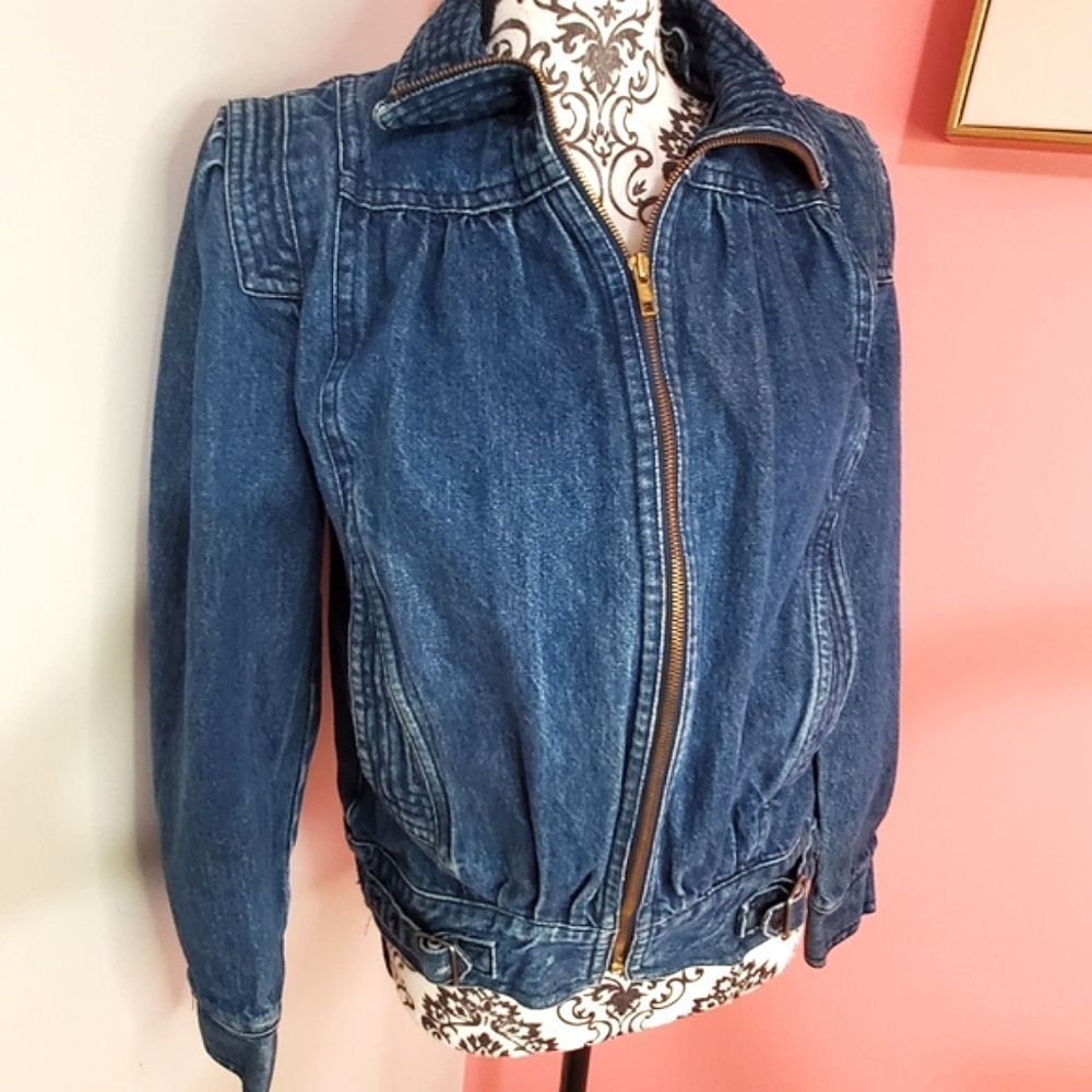 Vintage Learsi Denim Jacket Puff Sleeve 80s style Collared zip up Boxy Jean